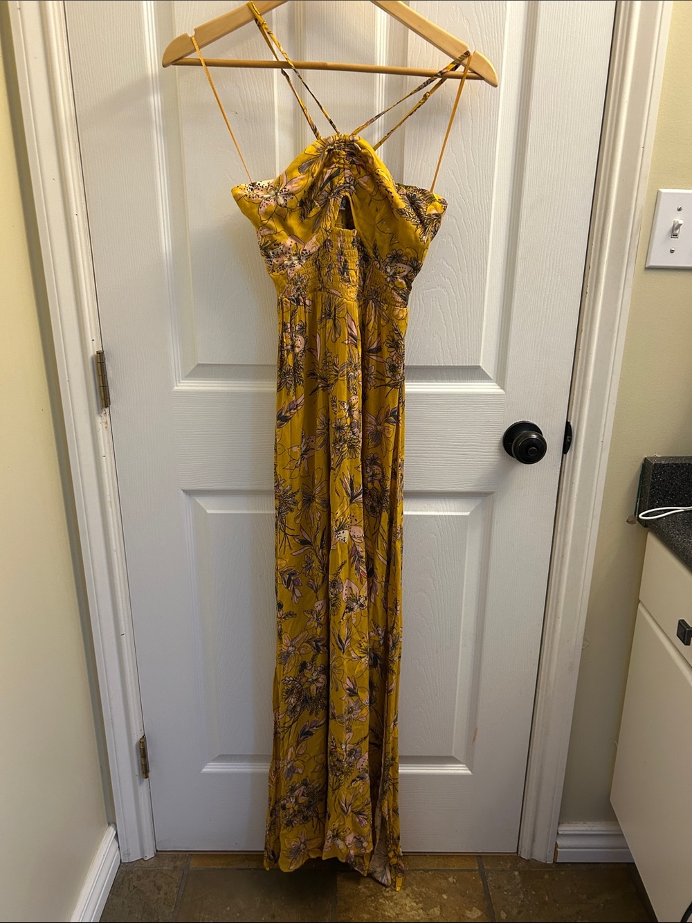 Free People Floral Mustard Yellow Maxi Dress with Spaghetti Straps